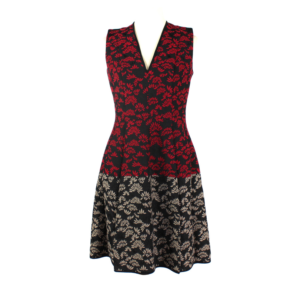 Etro Jacquard V-Neck Dress Black Red Grey Color Block Sleeveless A Line Size 44